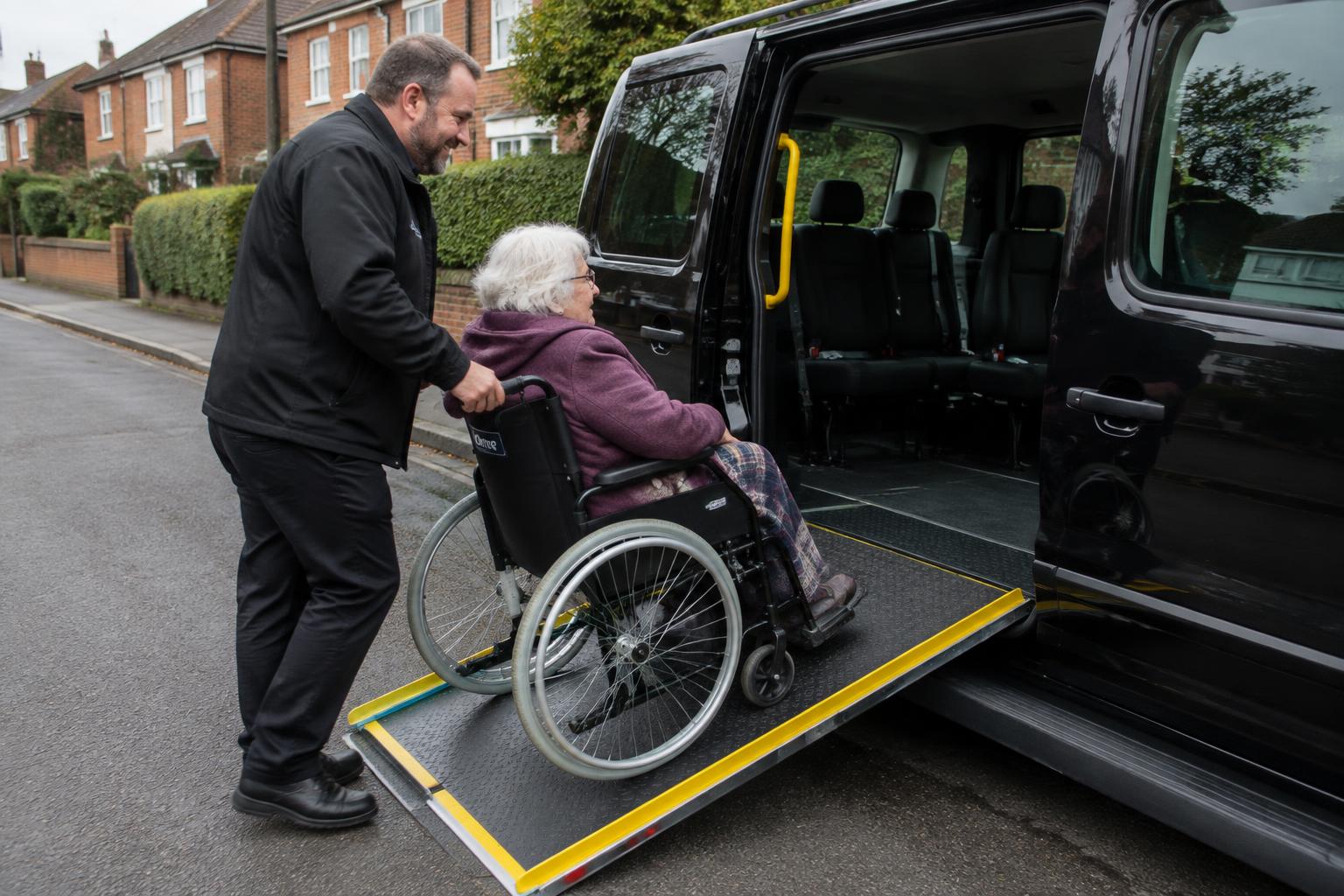 Driver helping a passenger in a wheelchair into an accessible vehicle